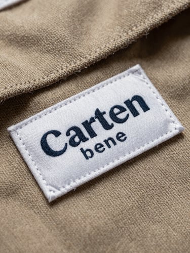 Extreme macro detail of a custom woven neck label being stitched onto a heavy cotton garment, showing precise thread texture and clean typography.