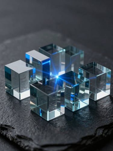 Orthographic 3D render of abstract interlocking glass blocks, sharp blue laser light highlights, dark slate background, depth of field