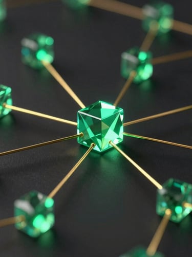 Sleek 3D render of glowing emerald data nodes connected by gold geometric lines, dark mode fintech aesthetic, clean glassmorphism, octane render.