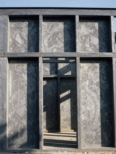 Straight-on architectural elevation of exposed structural steel framing against raw plaster walls, dramatic morning shadows, crisp details, 35mm film photography