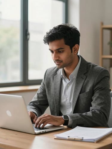 A focused Indian young professional working on a laptop in a bright, modern home office, natural daylight streaming through a window, clean professional setting.