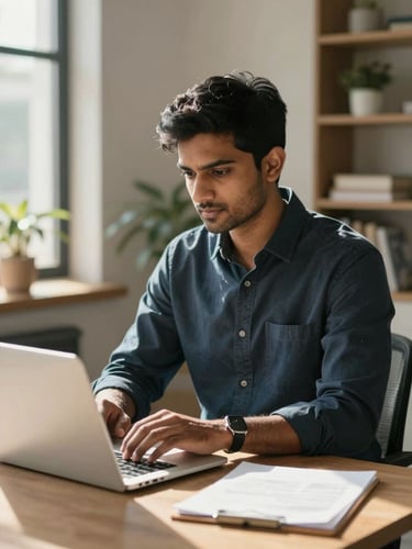 A focused Indian young professional working on a laptop in a modern, well-lit home office with natural daylight streaming in.