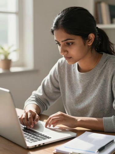 A focused Indian female student studying a digital accounting ledger on her laptop in a bright, sunlit room.