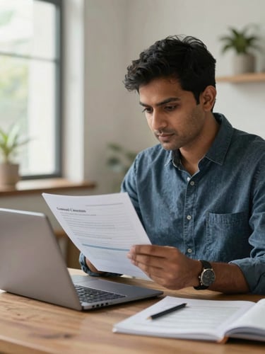 A focused Indian professional reviews digital curriculum documents on a laptop in a bright, modern home office with natural daylight.