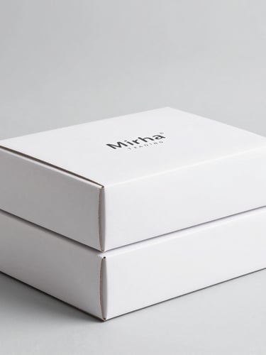 Bright high-key studio photography of clean, minimalist Mirha Trading shipping packages neatly stacked on a soft gray background, sharp focus, 50mm