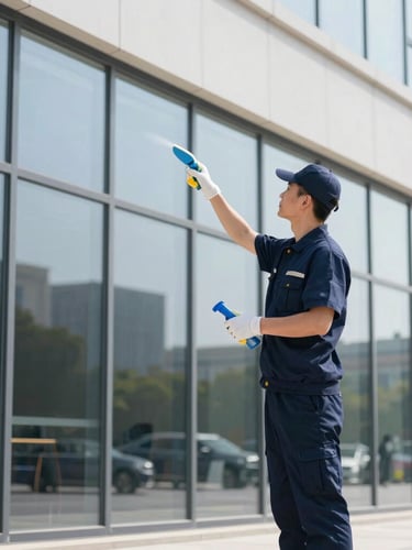 Medium-wide shot of a professional cleaning supervisor in a crisp navy uniform inspecting a pristine commercial glass facade, bright natural daylight, clean architectural lines
