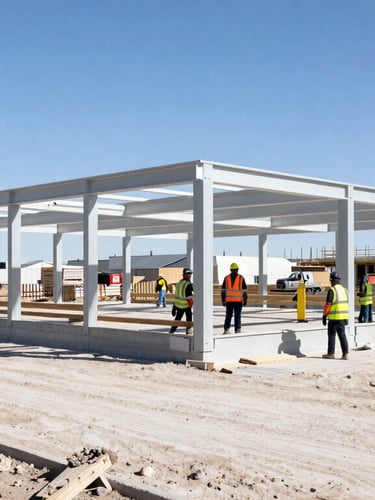 Wide environmental shot of an active, highly organized commercial construction site in Utah, crew members in high-visibility gear working, clean lines, bright natural daylight, 35mm.