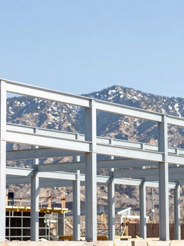 Sharp architectural photography of active Utah construction site, steel structural framing against bright crisp mountain daylight, 35mm