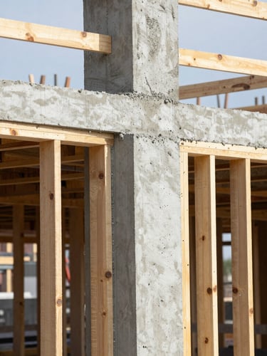 Close-up of a construction site with clean concrete pours and perfectly aligned timber framing under bright daylight, 35mm.