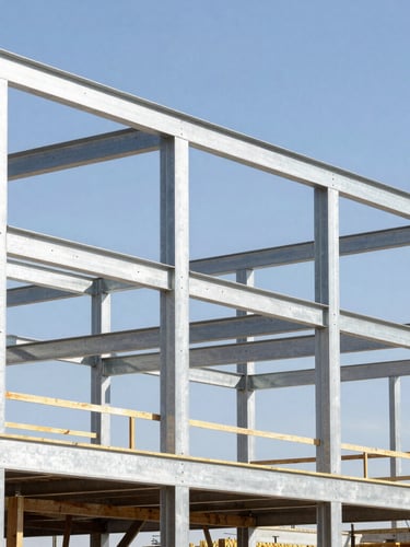 Sharp architectural photography of a modern residential steel frame under construction, bright Utah daylight, high-contrast structural framing, 35mm