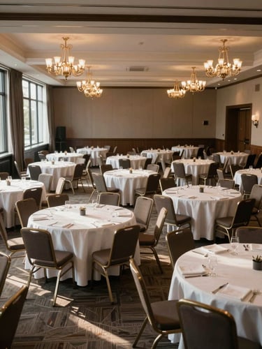 Wide environmental shot of a hotel ballroom mid-setup — folded chairs aligned in precise rows, round tables draped in white linen, overhead chandeliers catching afternoon daylight through tall windows on the left edge, no people visible, emphasis on geometric order and spatial scale