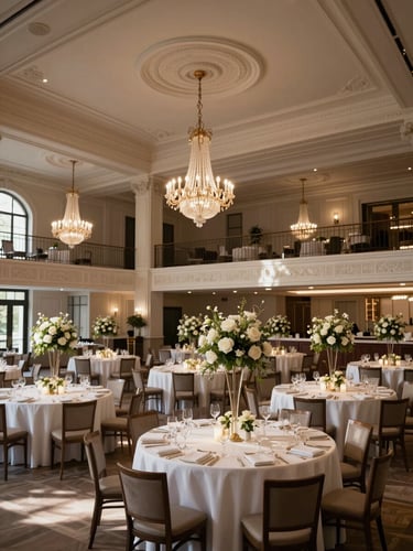 Wide-angle interior of a grand hotel ballroom, fully dressed for a gala — round tables set with white linens and tall floral centerpieces, warm chandelier light raking across the room from the left, architectural ceiling details visible, no people, emphasis on spatial scale and design precision
