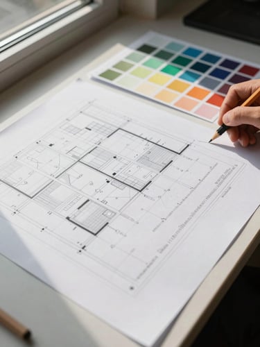 Overhead close-up of an event planning workspace — a large floor plan spread flat on a table, color swatch cards arranged in a grid beside it, a precise pencil annotation visible at the margin, natural daylight from a side window casting soft shadows across the documents