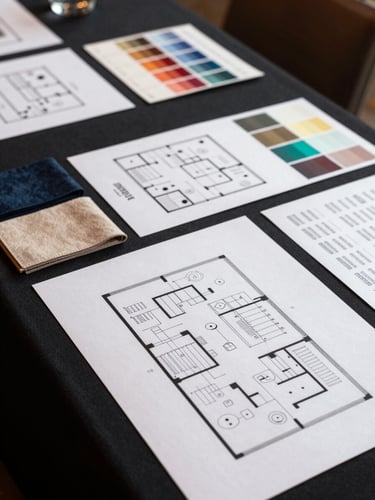 Overhead shot of a hotel event planning table — printed floor plans, fabric swatches, color samples, and a seating chart spread across a dark surface under controlled studio light, no people visible, crisp and architectural in framing