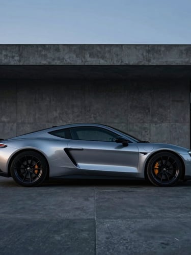 Side profile of a sleek modern sports car parked outside minimalist concrete architecture at twilight, cool metallic silver highlights, dramatic low-key lighting