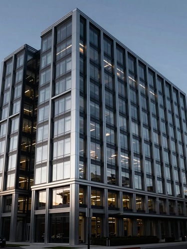 High-end modern architectural office building exterior in Gilbert at dusk, cool silver reflections, deep charcoal tones, 35mm lens
