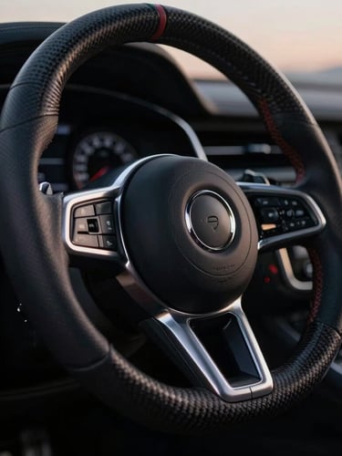 Dramatic low-key close-up of a luxury steering wheel, cool silver reflections on carbon fiber, twilight lighting, sharp focus, 35mm lens