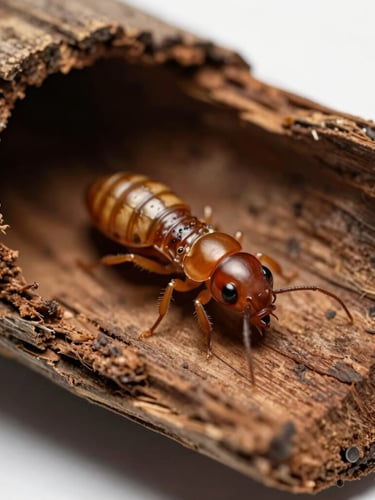 Macro close-up of drywood termite activity inside historic Brazilian hardwood, clean laboratory lighting, scientific focus, high-definition details.