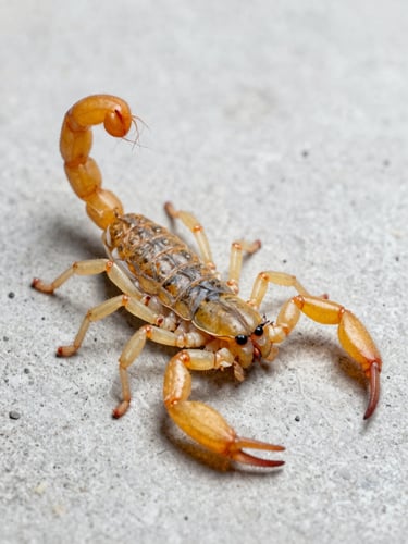 Macro scientific close-up of a yellow scorpion on a clean, light grey concrete surface, clinical studio lighting, biological observation style