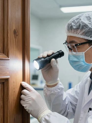 Clean, bright clinical white light illuminating a technician in a spotless uniform inspecting a historic wooden door frame with a precision flashlight, macro focus on the wood texture, educational and scientific context.