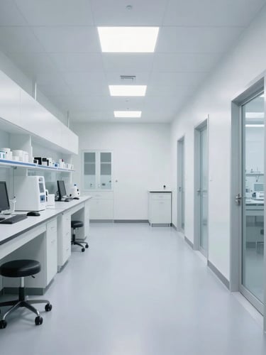 Macro high-definition shot of a clean, modern medical laboratory hallway in the Canela neighborhood, bright clinical white lighting, sterile surfaces, off-center perspective with negative space.