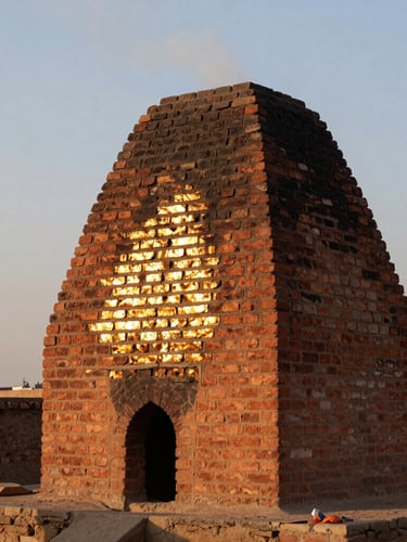 Warm golden-hour light reflecting off a traditional brick kiln chimney in Punjab, smoke rising softly against a low horizon sky, raw earthy environment.