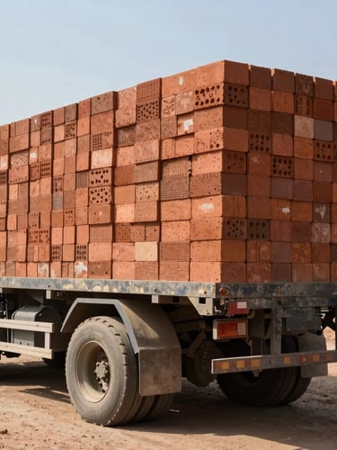 Low-angle heroic shot of a heavy flatbed truck loaded with neatly stacked terracotta clay bricks at the Mudhowal yard, harsh direct sunlight casting deep shadows, gritty industrial photography