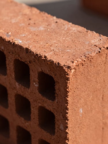 Close-up macro shot of a single fired clay brick showing rich gritty textures, sharp structural edges, and deep terracotta red color under harsh direct sunlight