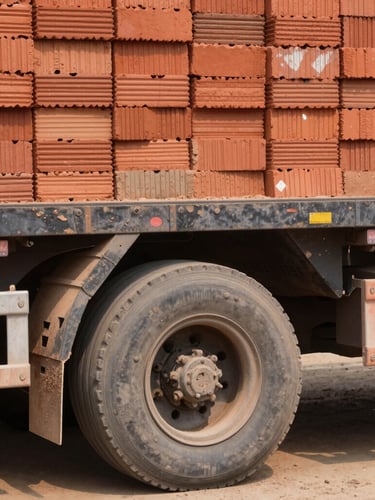 Close-up of industrial flatbed truck wheels and stacked red clay bricks on the trailer bed, warm dust tones, gritty texture, harsh sunlight, 50mm lens
