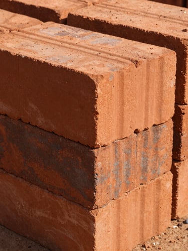 Low-angle heroic shot of neatly stacked terracotta red clay bricks at the Mudhowal yard, harsh direct sunlight casting deep geometric shadows, gritty industrial texture, 50mm lens.