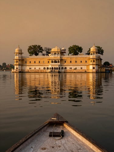 Lake Pichola at dusk from a low boat perspective, the City Palace reflected in the still water, sidelighting catching the palace's white marble surface, warm amber tones in the sky above, no other boats in frame