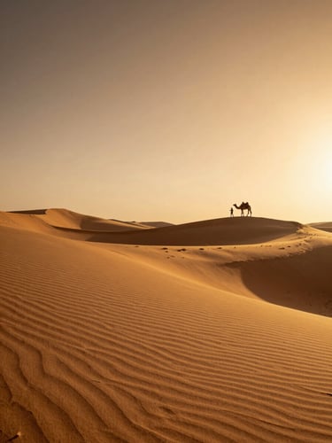 Vast Thar Desert dune field at golden hour, a single camel and handler silhouetted on a dune crest in the far right third, long shadows stretching left across rippled sand, sky deep amber fading to pale yellow at the horizon
