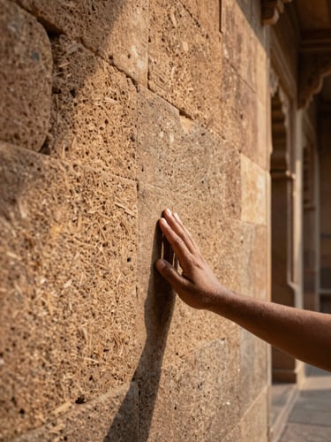 Close view of weathered stone wall in a Rajasthan fort corridor, afternoon sidelight raking across the carved sandstone surface, a traveler's hand resting on the texture, depth of shadow beyond