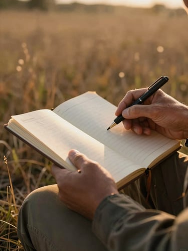 Close sidelit frame of a naturalist guide's hands resting on an open field notebook at dawn, dry grass blurred behind, warm amber light raking across weathered paper