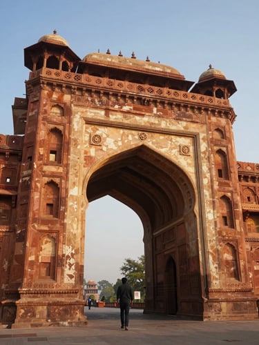Close low-angle view of the Amber Fort gateway arch in golden morning sidelight, worn sandstone carvings visible, a lone traveler's silhouette passing beneath, wide environmental framing showing scale of the structure