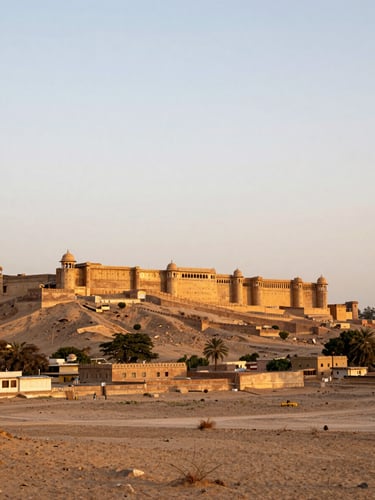 Wide panoramic view of a Rajasthan fort rising from desert plains at golden hour, walls glowing amber against a vast pale sky, taken from a low angle far left of frame with generous open landscape to the right