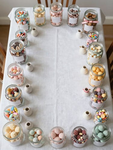 Wide overhead flat lay of a fully styled children's candy table, photographed from directly above against a clean white linen surface. Symmetrically arranged glass apothecary jars of varying heights filled with pastel confections, uniform custom labels, small ceramic vessels, and coordinated ribbon accents. Bright north-facing natural daylight, no shadows, no people, empty and finished.