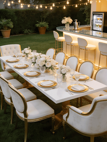 decoracion jardin blanco y dorado noche