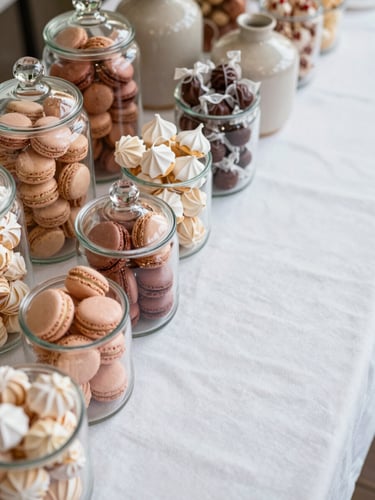 Close-up overhead shot of a styled candy table surface under bright natural daylight—glass apothecary jars filled with macarons, meringues, and wrapped sweets arranged in a coordinated blush and terracotta palette, white linen tablecloth, ceramic vessels, generous negative space on the right