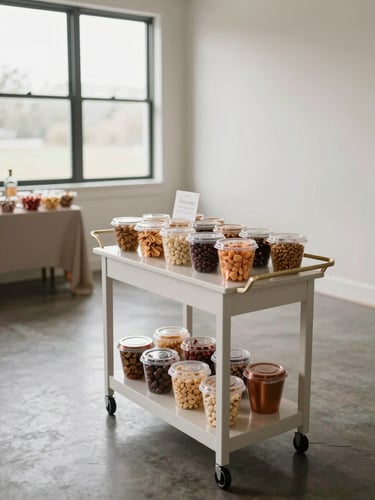 Three-quarter-angle view of a styled snack cart photographed in an empty party room under bright natural daylight from a north-facing window; the cart surface holds neatly arranged snack vessels in a coordinated neutral-and-copper palette, with a small hand-lettered sign on the cart shelf; wide environmental context shows the room floor and a fragment of the candy table in the background; clean, editorial framing with generous space to the right