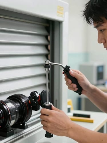 A certified technician in a clean uniform calibrating automatic commercial shutter gears with professional tools under bright daylight