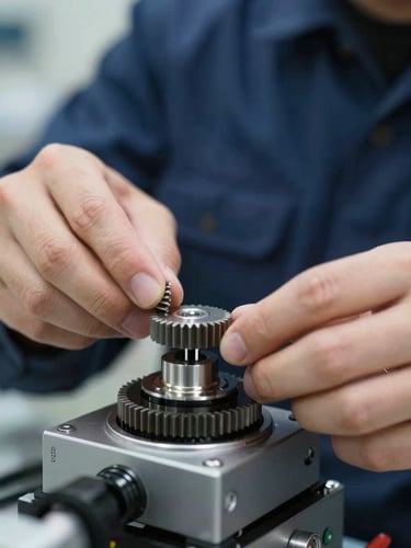 Close-up macro shot of a technician in a clean, dark blue uniform calibrating a commercial automatic shutter gear system, sharp focus on metal teeth, bright daylight lighting.