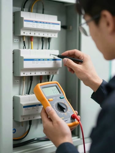 Close-up macro shot of a certified technician in a dark uniform testing a modern electrical distribution board with a digital multimeter, bright clean daylight.