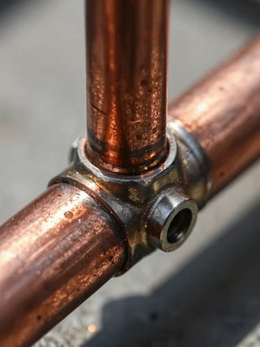 Close-up macro shot of clean copper pipe solder joints under bright daylight, showing precise mechanical alignment and no residue.