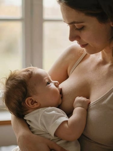 Warm editorial portrait of a mother breastfeeding her baby in soft golden hour light, quiet natural home environment, shallow depth of field.