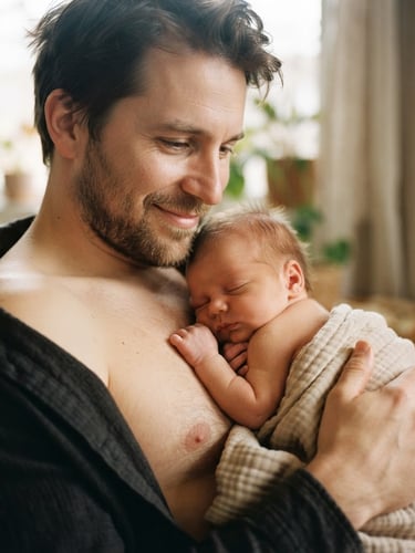 Intimate portrait of a father holding a newborn baby skin-to-skin, warm natural window light, soft morning tones, shallow depth of field, authentic parenting