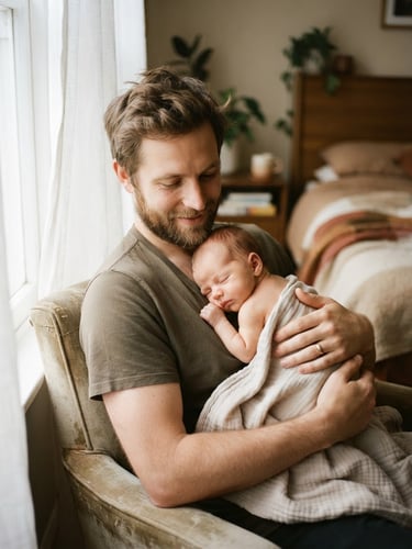 Warm editorial photography of a father holding a newborn skin-to-skin near a window, soft natural morning light, muted earth tones, intimate atmosphere.