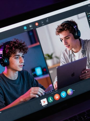 Dynamic angled perspective of a split-screen interface showing two students collaborating remotely on a digital project, screen-glowing ambient light, neon accents, dark mode environment.