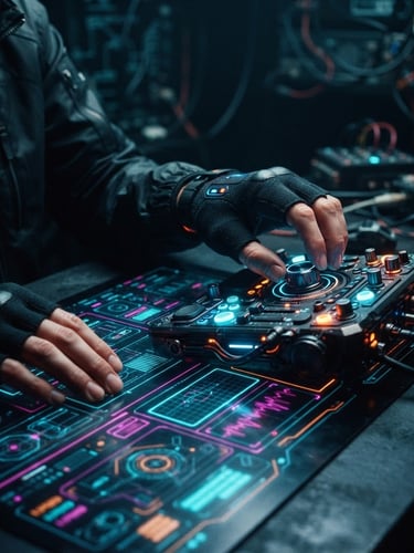 Macro shot of a glowing digital workbench interface, hands on a haptic input device, neon accent highlights, dark mode, high contrast, 35mm lens.
