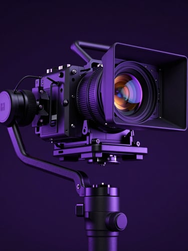 Extreme low-angle shot of a high-end cinema camera rigged on a stabilizer, dramatic neon purple backlighting, dark obsidian studio background, ultra-sharp lens reflections.